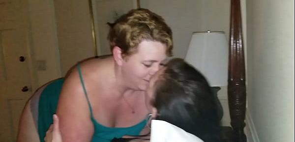  Chubby ladies kissing, intense make out. Lucky husband watches. Bbw